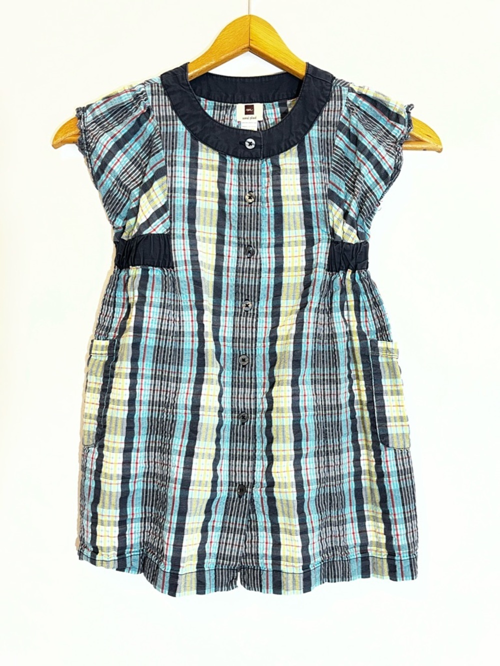 Tea Collection Seoul Plaid Blue Dress Girls 5 Cotton Flutter Sleeve Button Front